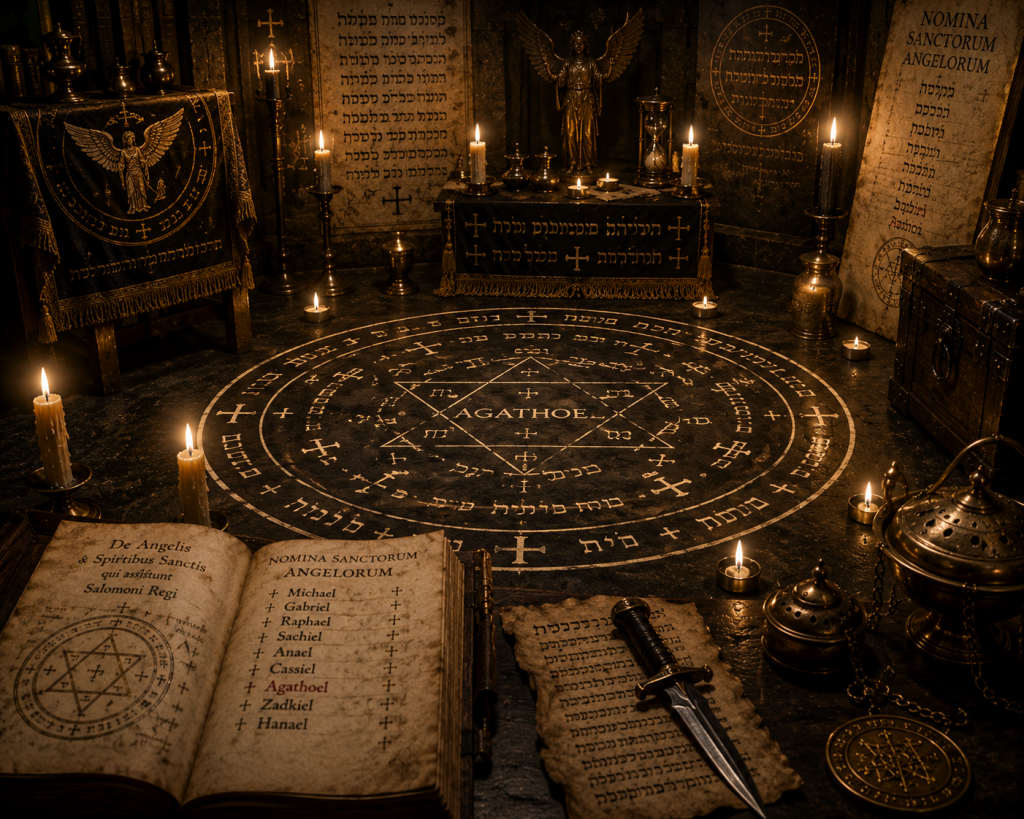 Dimly lit occult altar with a circular sigil on the floor, surrounded by open books, daggers, and candles.